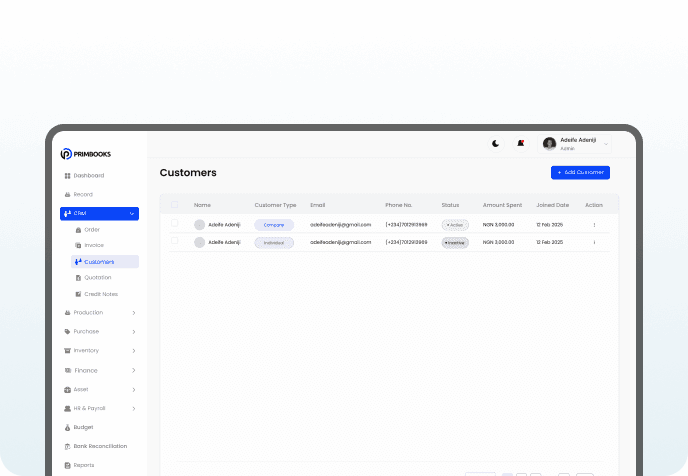 Manage customer dashboard preview