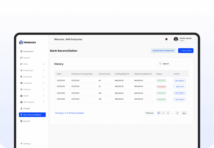 Bank reconciliation dashboard preview