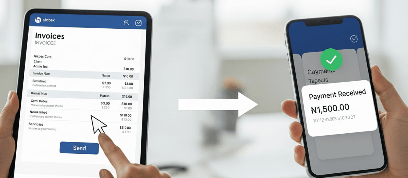 Tablet send invoice to mobile payment received confirmation