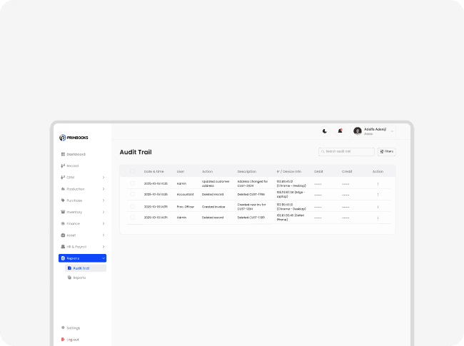 Audit trail log entries matrix preview