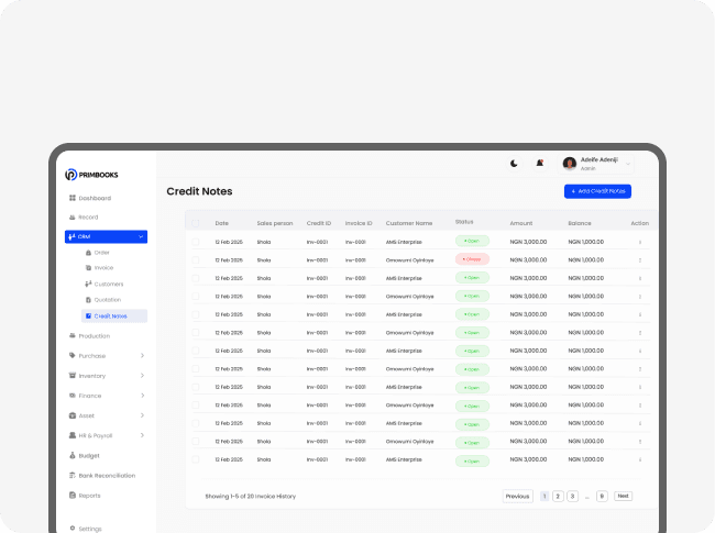 Credit notes preview