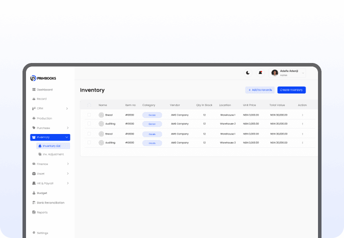 Inventory stock list dashboard preview